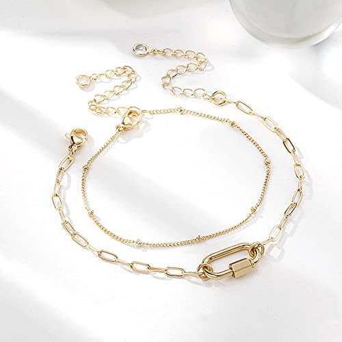 Dainty Gold Layered Bracelets for Women, 14K Gold Plated Layering Paperclip Link Chain Bracelets Personalized Oval Screw Clasp Charm Bracelets Layered Gold Bracelets for Women Jewelry（Bead Chain&Oval） - Thumbnail 6