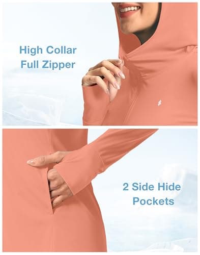 Soothfeel Women's UPF 50+ Swim Cover Up Sun Protection Hoodie SPF Lightweight Jacket Long Sleeve Beach Cover Ups for Women (Coral Pink,XL) - Thumbnail 6