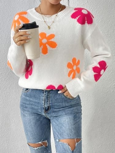 Libsorge Womens Oversized Cute Flower Sweater Valentine Day 2026 Trendy Vintage Floral Knit Crewneck Pullover Tops White M - Thumbnail 5