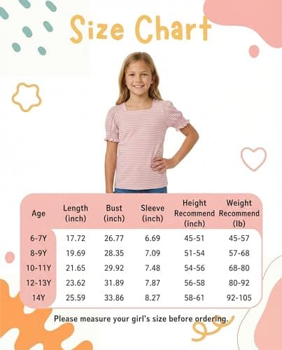 FREELYVE Girls Summer Tops Striped Square Neck T-Shirt Puff Short Sleeve Soft Knit Casual Tees,Sage,8-9Y - Thumbnail 6