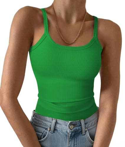 GKBK Women Spaghetti Strap Scoop Neck Ribbed Tank Tops Slim Fitted Camisole Sleeveless Basic Cami Shirts Summer Blouse Green XXL - Image 1