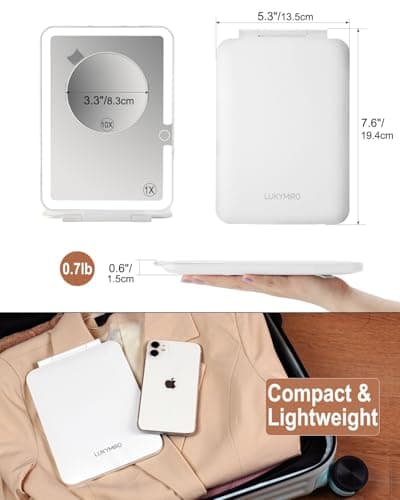 LUKYMIRO Rechargeable Travel Makeup Mirror with Lights, Portable Lighted Regular Mirror with Small 10X Magnification, 70 LEDs 3 Color Dimmable, Tabletop Folding Compact Cosmetic Mirror - Thumbnail 5