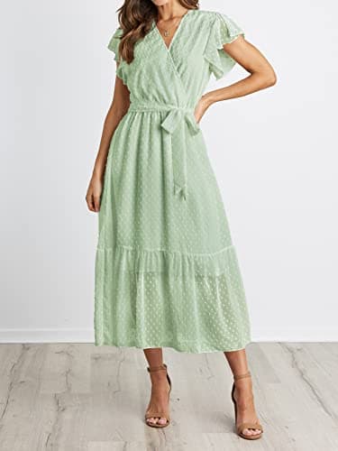 BTFBM Women Summer Bohemian Floral Casual Wrap V Neck Ruffle Cap Sleeveless Belt A-Line Pleated Hem Swing Midi Sun Dress (Swiss Dot Light Green, m) - Thumbnail 5