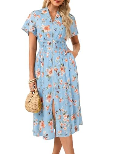 GRACE KARIN Womens Summer Maxi Floral Dress Casual 2026 Long Zipper Dresses Boho Flowy Beach Vacation Sundress with Pockets Light Blue Floral S - Image 1
