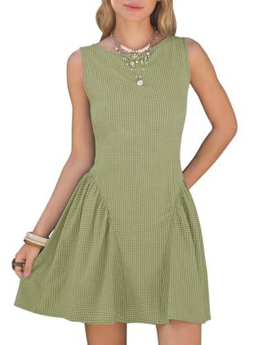 EXLURA Womens Summer Casual Cotton Gingham Dresses Back Elastic Waist Sleeveless Faux Linen Elegant Mini Short Beach Dress Green - Image 1