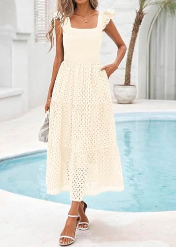 Lazysmile Womens Summer Maxi Dress Square Neck Ruffle Cap Sleeve Hollow Out Eyelet Smocked Tiered A Line Boho Sundress Apricot - Thumbnail 4