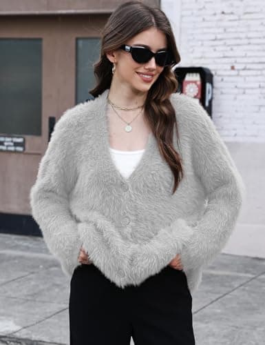 Women's Fuzzy Cardigan V Neck Long Sleeve Button Down Slouchy Furry Sweaters Chunky Knit Mohair Sweater Coat(Grey-S) - Thumbnail 3