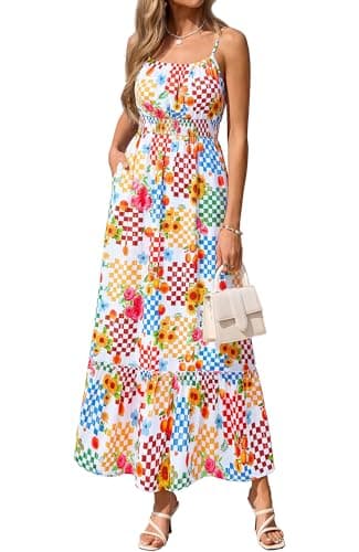 BTFBM Summer Dresses for Women 2026 Sleeveless Spaghetti Strap High Waist Boho Beach Vacation Clothes Spring Maxi Dress(Floral Plaid Multicolored, Large) - Image 1