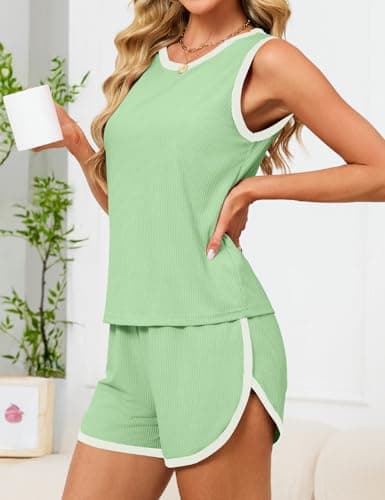 JUSTFASHIONNOW Women's 2-Piece Contrast Trim Pajama Set - Casual Tank Top & Shorts, Soft Ribbed Loungewear(Mint green XX-Large) - Thumbnail 4