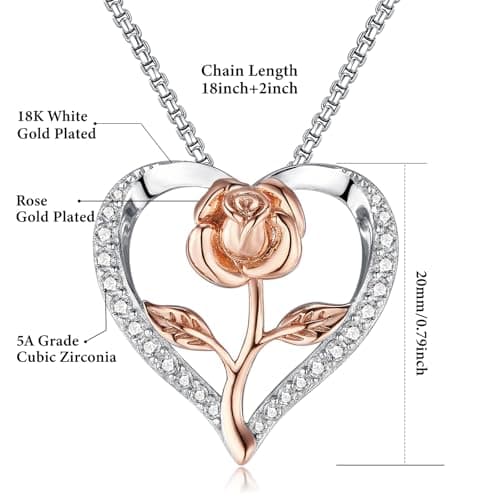 Lyniuoy Rose Heart Necklaces for Women 18K Gold Plated Pendant Necklaces for Women Luxury Women's Romantic Jewelry Gifts for Anniversary Mother's Day Valentine's Day Christmas, Two-tone - Thumbnail 5