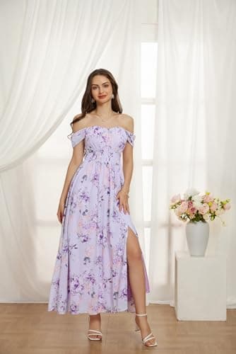 2024 Women's Summer Sleeveless Off Shoulder Floral Flowy A Line Maxi Dresses Purple Floral L - Thumbnail 3