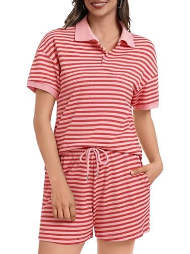 Casly Lamiit Lounge Set for Women Travel Outfits Two Piece Shorts Set Pockets 2026 Summer Color Block Going Out Beach V Neck High Waisted Clothing Red Pink S - Image 1