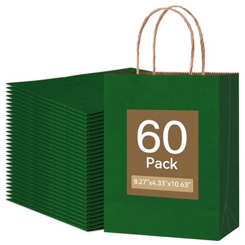 Qioxiou 60 Pack Forest Green Gift Bags with Handles 8.27x4.33x10.63 Medium Size Bulk Kraft Paper Party Favor Bags for Christmas, Wedding, Birthday, Shopping, Retail, Grocery, Recyclable Paper Sacks - Image 1