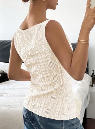 BLENCOT Women's Vest Top Sleeveless Slim Fitted Button Down Knit Vests Stretchy Textured Jacquard Tops for Going Out Fashion 2026 Beige 2X-Large - Thumbnail 4
