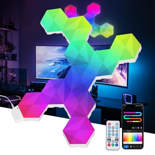 Pak Hexagon Lights 9 Packs DIY LED Light, RGB+IC Creative Gaming Lights Wall Décor with Remote, with APP Smart Modular Panel Hex Tiles, Push Glide Expansion Shape with Music Sync, Voice Control - Image 1