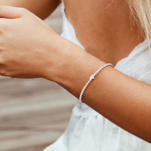 Goxygen Heart Tennis Bracelet for Women - 14K Gold Plated Heart Cubic Zirconia Link Bracelet, Dainty Adjustable Gold Chain, Trendy Stacking Anniversary Birthday Valentine’s Day Jewelry Gift for Her Girfriend Daughter (silver) - Thumbnail 3