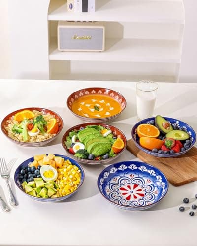 Yeacccng Pasta Bowls Set of 6, 35 Oz Ceramic Large Salad Bowl, 8.5 Inch Colorful Serving Bowls for Kitchen, Dishwasher & Microwave Safe, Scratch-Resistant, Lead-Free (Brown*3 + Blue*3) - Thumbnail 5