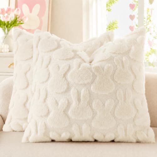 decorUhome Easter Bunny Pillow Covers 16x16 Inch Set of 2, Soft Plush Faux Wool Jacquard Beige Rabbit Cushion Covers, Farmhouse Neutral Spring Easter Holiday Decor for Couch Sofa Bed