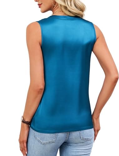 Leikar V Neck Blouses for Women Dressy Casual Top Sleeveless Camisole Silk Satin Tank Tops Work Shirts Teal - Thumbnail 5