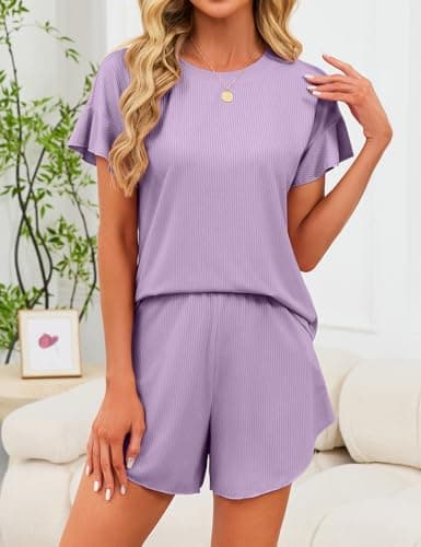 JUSTFASHIONNOW Women's Pajama Set Ruffle Sleeves Top and Short Soft 2 Piece Loungewear Set Purple - Thumbnail 2