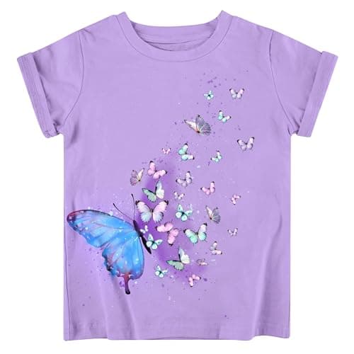 Funnycokid Little Girls Shirt Size 6 7 Kids Purple Tee Butterflies Animal T-Shirt Graphic Short Sleeve Clothes Tops - Image 1
