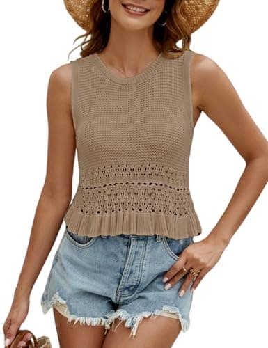 CiCiBird Women Cute Crop Sweaters Vest Knit Sleeveless Pullover Tops Crochet Ruffle Hem Tank Rose Khaki XL - Image 1