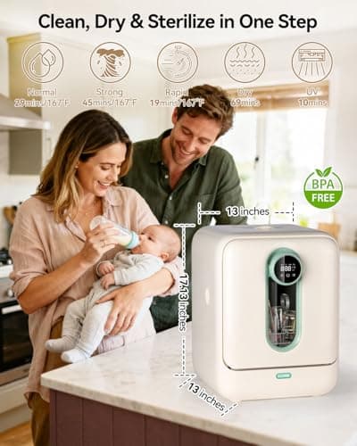 ICUIRE Baby Bottle Washer and Sterilizer and Dryer, 131-167°F High Temperature Sterilize for Baby Stuff, 3.2L Water Tank to Clean Bottles, Pump Part &Pacifiers&Bowl, Newborn Parents One-Hand Operation - Thumbnail 3