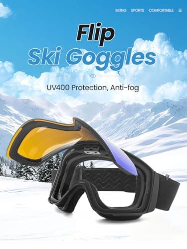 YondestStars Flip Up Ski Goggles, OTG Snow Goggles, Clamshell Anti Fog UV Protection Interchangeable Lens, Snowboard Goggles for Adult Men Women Youth - Orange Lens(VLT 58%) - Thumbnail 2