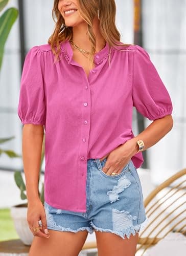 PRETTYGARDEN Women's 2026 Summer Button Down Shirts Short Lantern Sleeve V Neck Cotton Cute Tops Dressy Casual Blouses (Rose Pink,Large) - Thumbnail 5