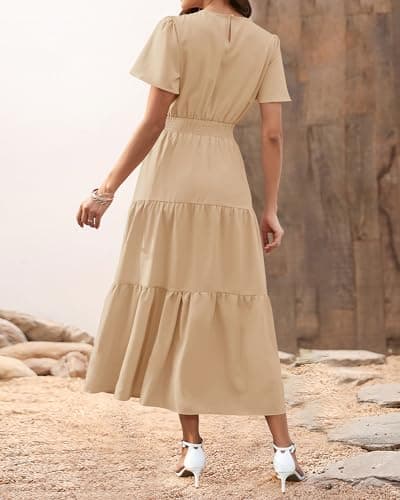 PRETTYGARDEN Women's Summer Casual Short Flutter Sleeve Round Neck Smocked Waist Tiered Boho Floral Flowy Maxi Dress(Solid Khaki,Small) - Thumbnail 5