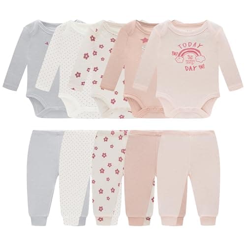 MEYSAHO Baby Newborn Layette 10-Piece Set Cotton Bodysuits Long Sleeve Pants Sets Baby Boys Girls Toddler Unisex Baby Gift Sets Flowers for 3 6 Months - Image 1