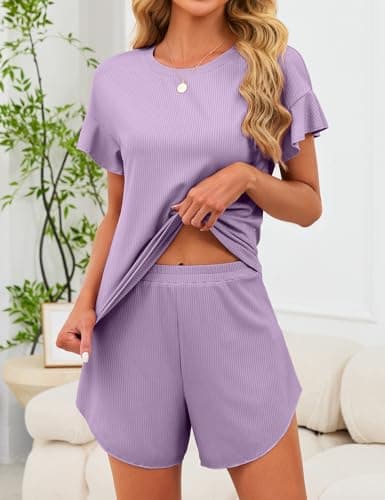 JUSTFASHIONNOW Women's Pajama Set Ruffle Sleeves Top and Short Soft 2 Piece Loungewear Set Purple - Thumbnail 3