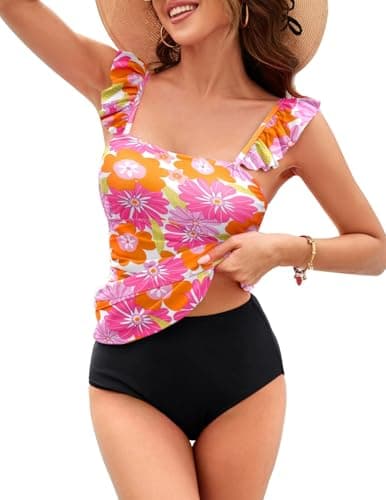 Kate Kasin Women's Tankini Swimsuits 2025 Sleeveless Square Neck High Waisted Floral Bikini Swimwear Ruched Bathing Suits with Padded Orange Pink Floral L - Image 1