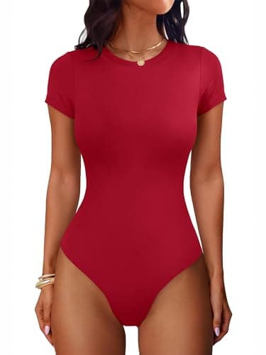 ANRABESS Womens Double Lined Bodysuits Short Sleeve Summer Going Out Fitted Basic Tee Shirts Body Suits Top - Image 1