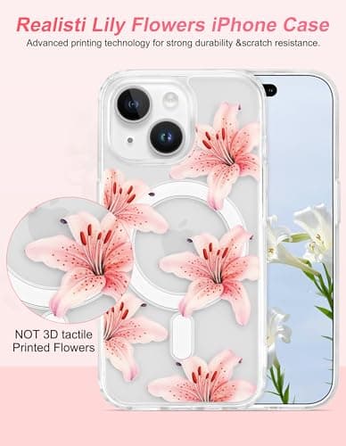 Aitipy Lily Phone Case for iPhone 15, Compatible with MagSafe, Cute Clear TPU Slim Shockproof Protective Phone Cover for Women Girls, Pink Lily - Thumbnail 2
