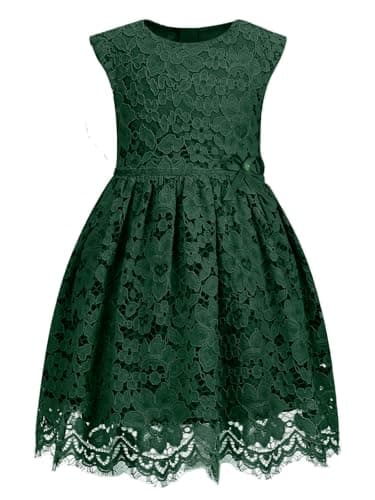 ALLOVIN Girls & Toddlers Sleeveless A-Line Lace Party Dress Birthday Wedding & Flower Girl Dress with Beaded Bowknot | Dark Green | 3-4T - Image 1