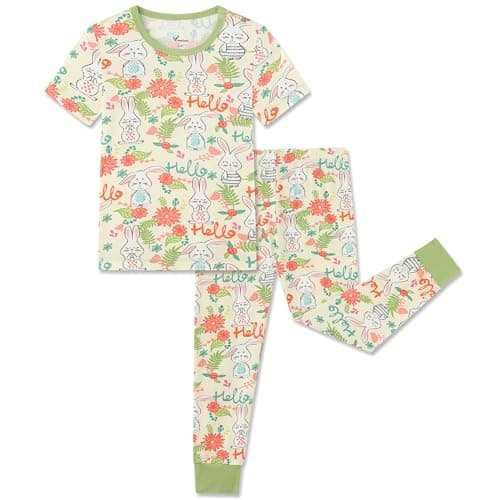 NewSeed Kids 2-Piece So Soft 2-Piece Playtime Set – Short Sleeve Crew Neck Top with Matching Leggings, Little to Big Kids (Cute rabbit, 3-4Y) - Image 1