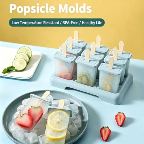 Popsicle Molds Set 9 Pieces with 50 disposable wooden sticks-BPA Free,Easy-Release Ice Pop Molds,Homemade Ice Cream Molds(Blue) - Thumbnail 4