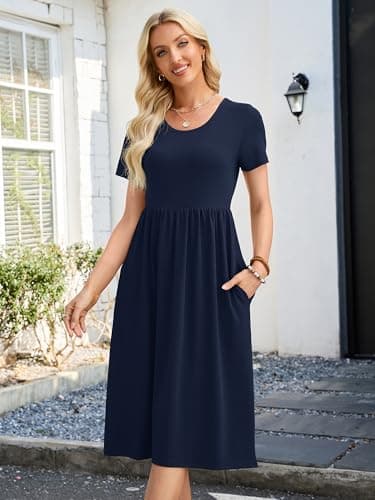 Heymoments Ladies Dresses Navy Blue Large Wedding Guest Crewneck Short Sleeve A line Casual Flowy Swing Cocktail Slimming Birthday Party Summer Travel Long Midi Dresses with Pocket - Thumbnail 2