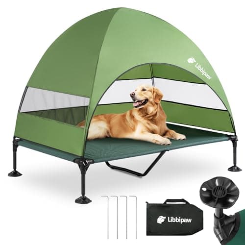 Libbipaw Windproof Elevated Dog Bed with Canopy & Stakes, 3-Sided 90% UV Block, Chew-Proof Teslin Mesh Mat for Large Dogs up to 150lbs(Green X-Large) - Image 1
