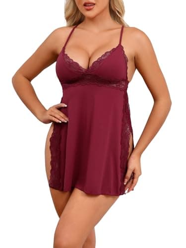 REORIA Women Lingerie Lace Babydoll Strap Chemise Halter Teddy V Neck Sleepwear Wine Red Large - Image 1
