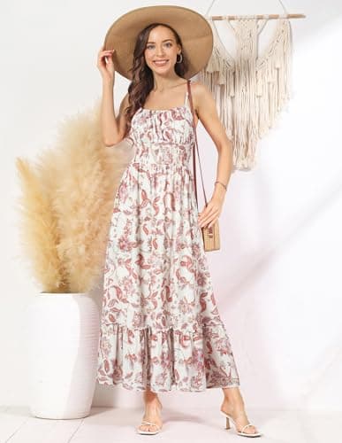GRACE KARIN Summer Dresses for Women 2026 Vacation,Smocked Floral Maxi Dresses,Boho Beach Long Sundress Beige Vine M - Thumbnail 3