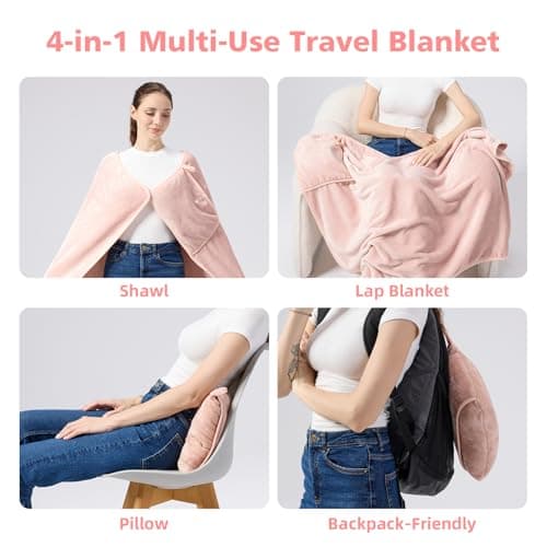 SHINEDOOR Travel Blanket with Carry Bag, Lightweight Wearable Airplane Blanket, Soft Packable Throw for Travel & Office Blush Pink - Thumbnail 2