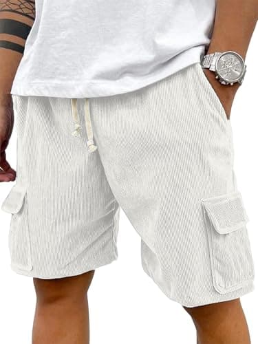 PLEPAN Men's 7" Corduroy Cargo Shorts Casual Lightweight Shorts with 5 Pockets, Drawstring Waist Relaxed Fit for Summer Beach Vacation Shorts White XL - Image 1