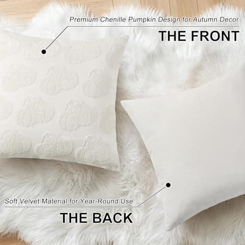 decorUhome Decorative Two Cream White Pumpkins Thanksgiving Throw Pillow Covers 18x18 Set of 2, Soft Chenille Jacquard Farmhouse Textured Pillow Covers for Couch Sofa Autumn Harvest Halloween Holiday - Thumbnail 2