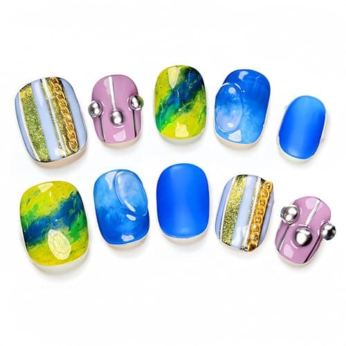 Fine Point Handmade Press-On Nails Set, Short Squoval, Funky Cobalt Blue Aura Green Swirl, 3D Stud Accent, Designer Artistic Novelty Fashion, Pop-Star Showgirl, Cosmic Coquette (Size Small)