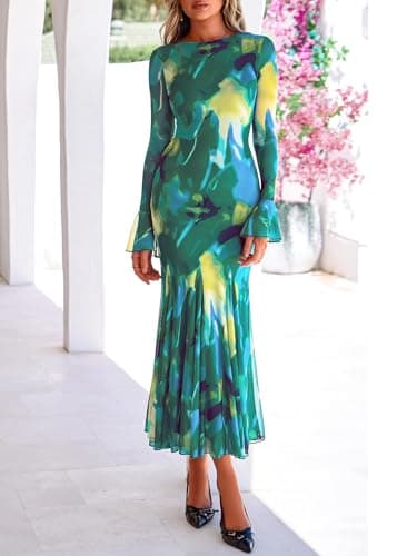 Lazysmile Women's Long Sleeve Floral Maxi Dresses Fall Formal Crewneck Bodycon Mesh Ruffle Wedding Guest Cocktail Party Dress Green - Thumbnail 4