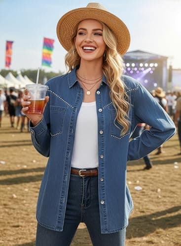 Dokotoo Denim Shirt Women Casual Chambray Jean Western Shirts Country Concert Outfits V Neck Long Sleeve Button Down Shirts for Women Rhinestone Top Loose Fit Denim Tops Lightweight Jacket Sky Blue S - Thumbnail 6