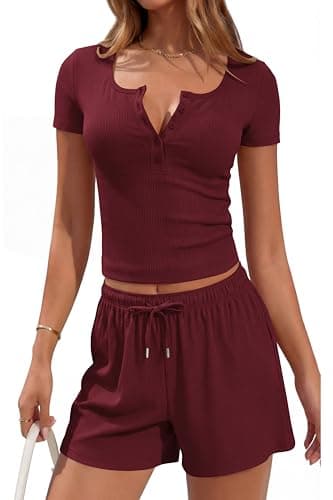 PRETTYGARDEN 2 Piece Sets For Women Summer Short Sleeve Button Up Shirts Drawstring Elastic Waist Shorts Lounge Set 2026(Burgundy,Large) - Image 1