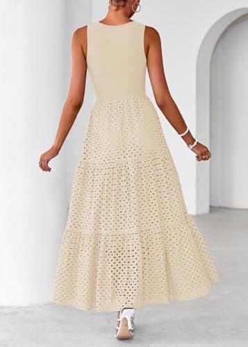 Lazysmile Womens Summer Dresses Crewneck Sleeveless A-Line Hollow Out Eyelet Tiered Tank Maxi Dress Sundress with Pockets - Thumbnail 2